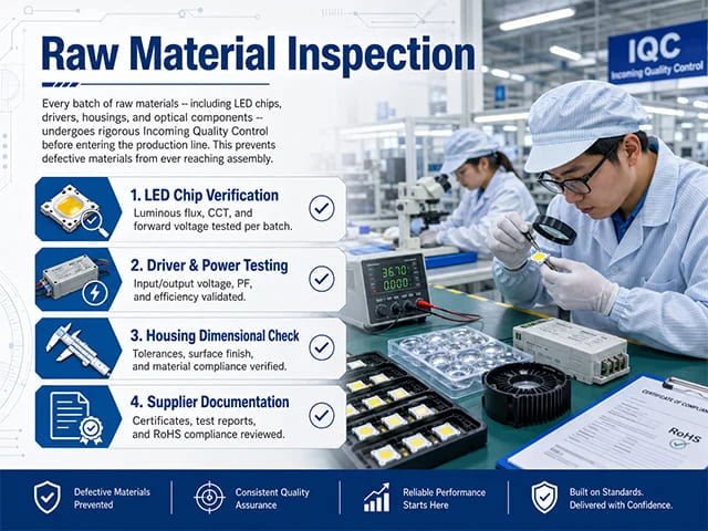 Raw material incoming quality inspection at Upward Lighting factory
