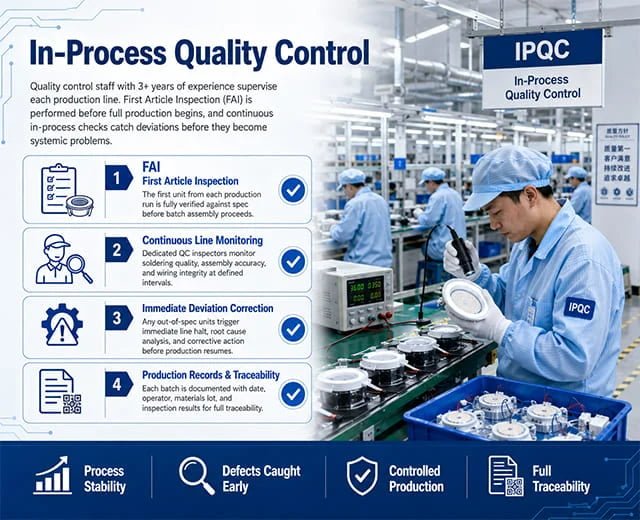 In-process quality control inspection on Upward Lighting production line