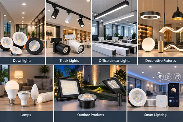 LED lighting manufacturers in China compared by downlight track light and office linear light categories