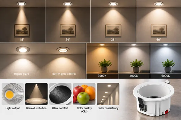 High-end LED downlights showing beam angle glare control and color temperature comparison