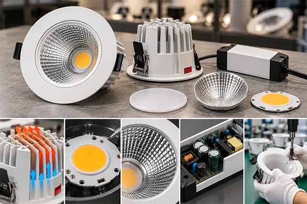 High-end LED downlights housing heat sink driver and reflector component inspection