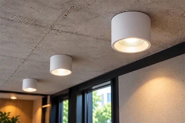 Surface-Mounted Downlights for Ceiling Retrofit surface mounted downlights on concrete ceiling for retrofit lighting