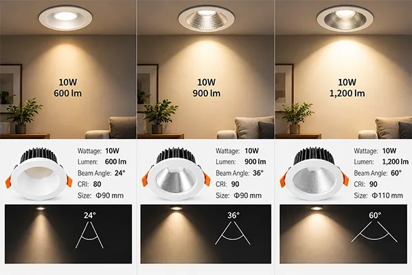 Comparing LED downlight wattage lumen output and beam angle