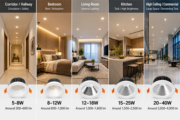 LED downlight wattage by room type and lighting task