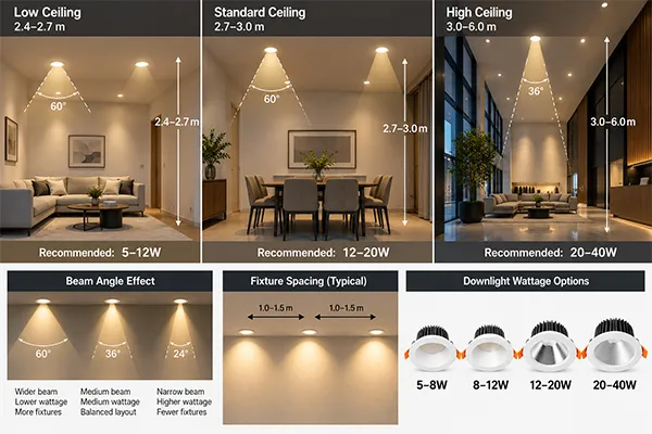 LED downlight wattage layout with ceiling height beam angle and spacing