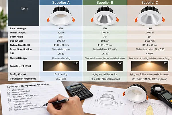 LED downlight wattage supplier comparison checklist for procurement teams
