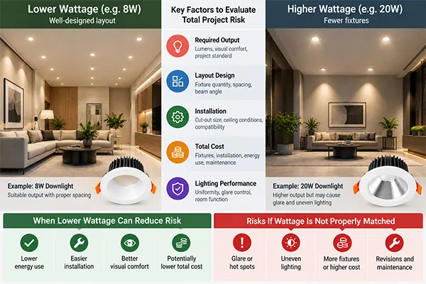 Lower LED downlight wattage and total lighting project risk assessment
