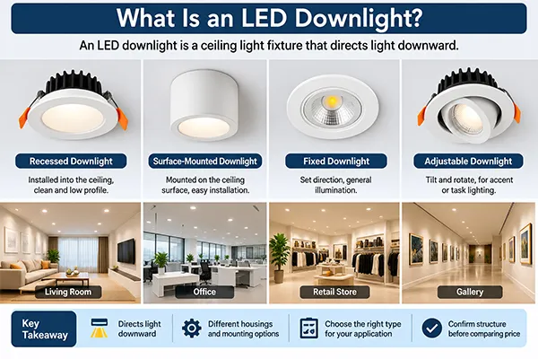 Different types of LED downlights including recessed surface-mounted and adjustable models