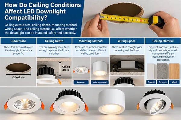 LED downlights matched to ceiling cutout size depth and mounting conditions