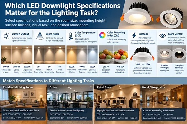 LED downlights compared by beam angle color temperature CRI and lumen output