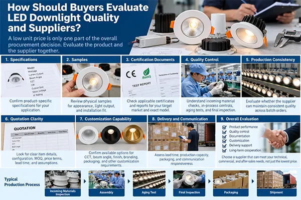 LED downlights quality control inspection supplier documentation and aging test