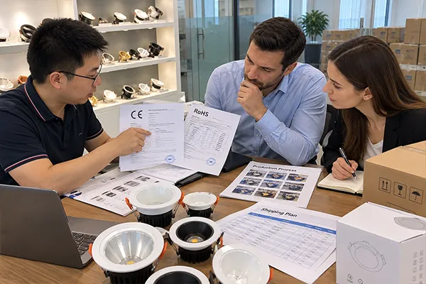 China LED downlight manufacturer reviewing LED downlight compliance documents and shipping plan