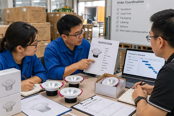 Professional LED downlight factory coordinating OEM order, packaging, and delivery