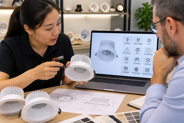 LED downlight exporter in China confirming wattage CCT beam angle and CRI requirements