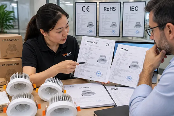 LED downlight exporter in China preparing CE RoHS and export compliance documents