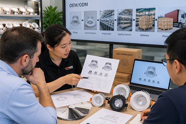 LED downlight exporter in China discussing OEM ODM customization and delivery planning