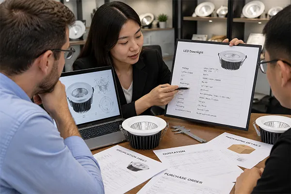 LED downlight manufacturer preparing specification sheet and approved sample