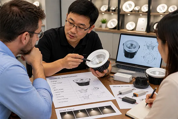 LED downlight manufacturer checking wattage beam angle and driver specifications