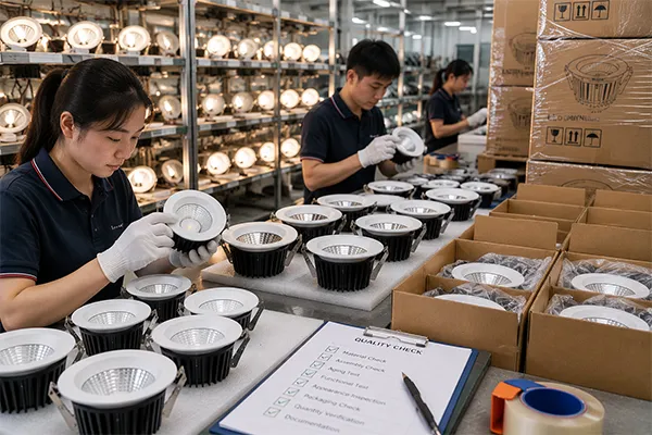 LED downlight manufacturer conducting aging test and pre-shipment quality inspection