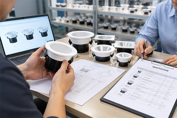 Buyer evaluating China LED downlight factory quotations and product specifications